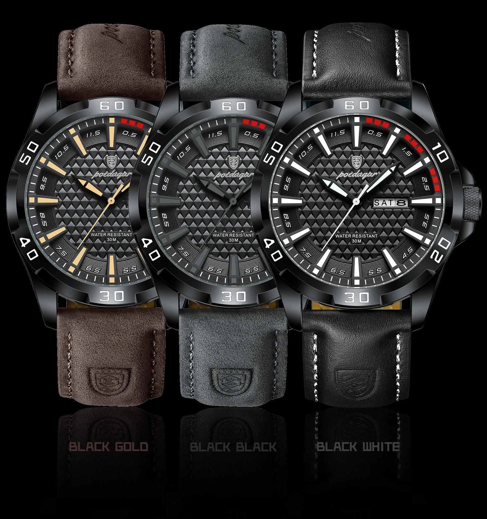 POEDAGAR Top Casual Sports Men Watch Waterproof Luminous Date Week Fashion Watch For Man Leather Classic Men's Quartz Wristwatch