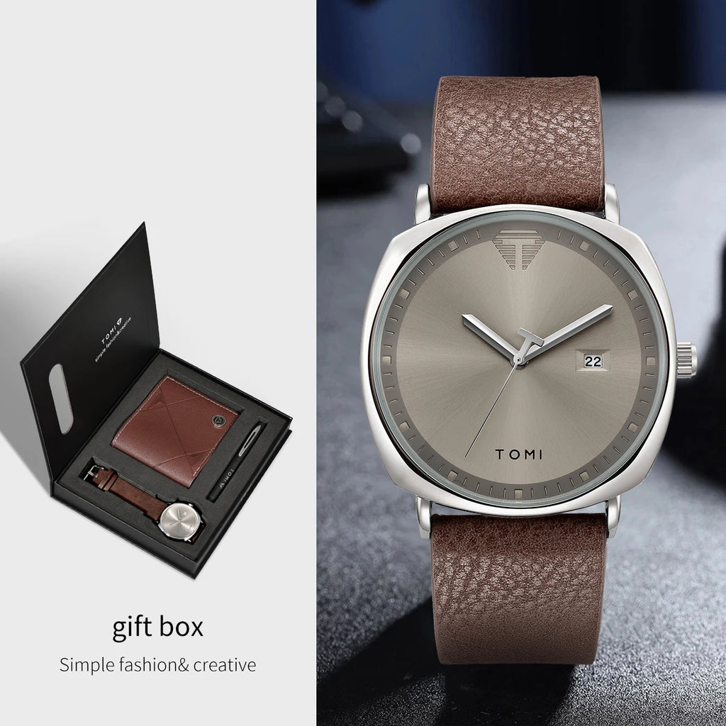 TOMI 3PCS Simple Business Men Watch Wallet Gift Box Set High Quality Classic Versatile Men Quartz Watch Clock Gifts Reloj