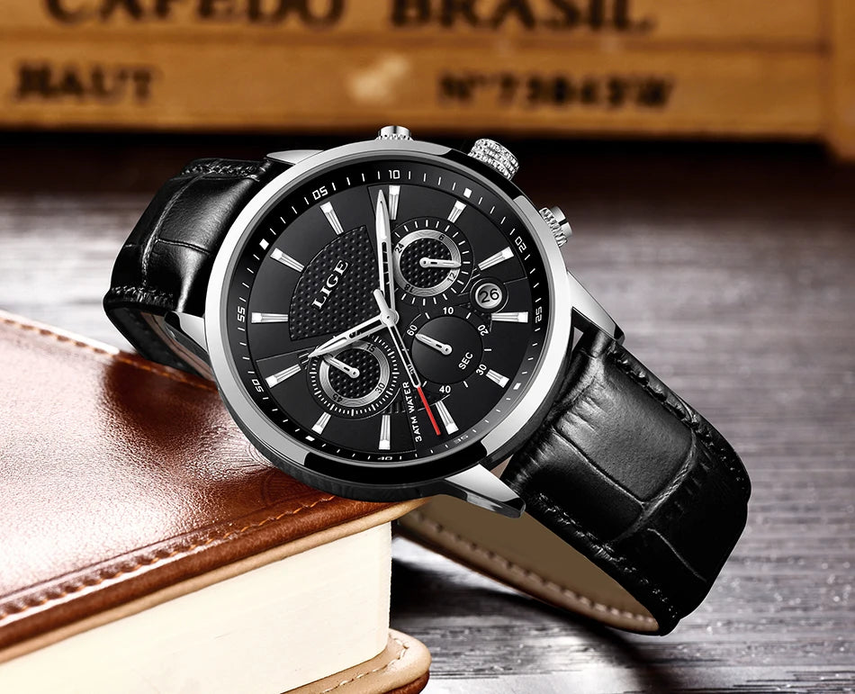LIGE New Brown Leather Watch for Men Fashion Top Brand Luxury Men's Quartz Wristwatches Casual Waterproof Luminous Chronograph