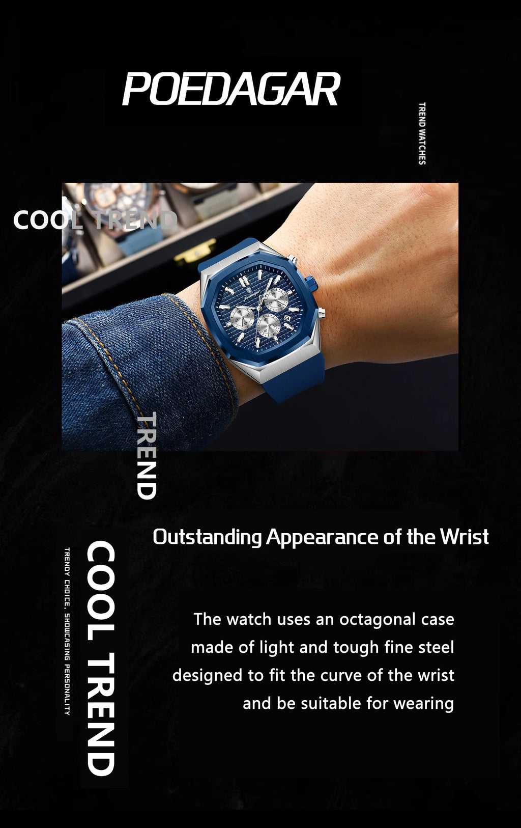 POEDAGAR Business Men's Wristwatch Chronograph Date Silicone Strap Man Watch Waterproof Luminous Military Quartz Watches For Men