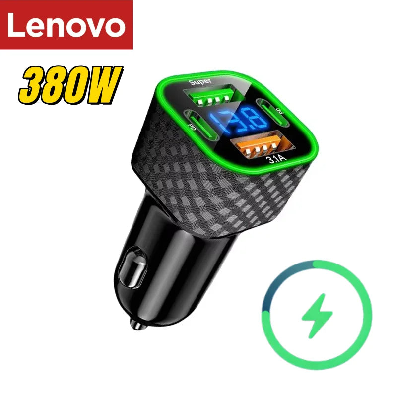 Lenovo carg SUPER FAST Car Charger 380W 4 in 1 USB Cigarette Lighter Adapter with QC3.0 All Cars Trucks SUV Universal Power Charging
