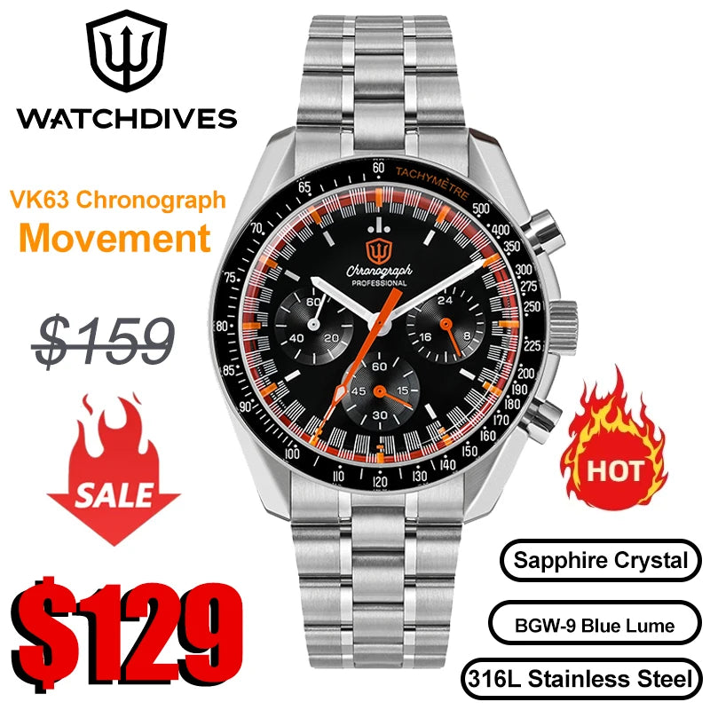 Watchdives WD1863 Quartz Watch VK63 Chronograph Movement Bubble Sapphire Crystal 10Bar Waterproof Luminous 39mm Vintage Watches