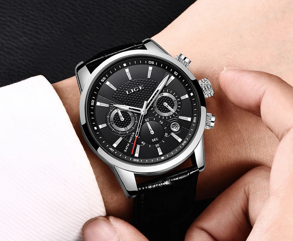 LIGE New Brown Leather Watch for Men Fashion Top Brand Luxury Men's Quartz Wristwatches Casual Waterproof Luminous Chronograph