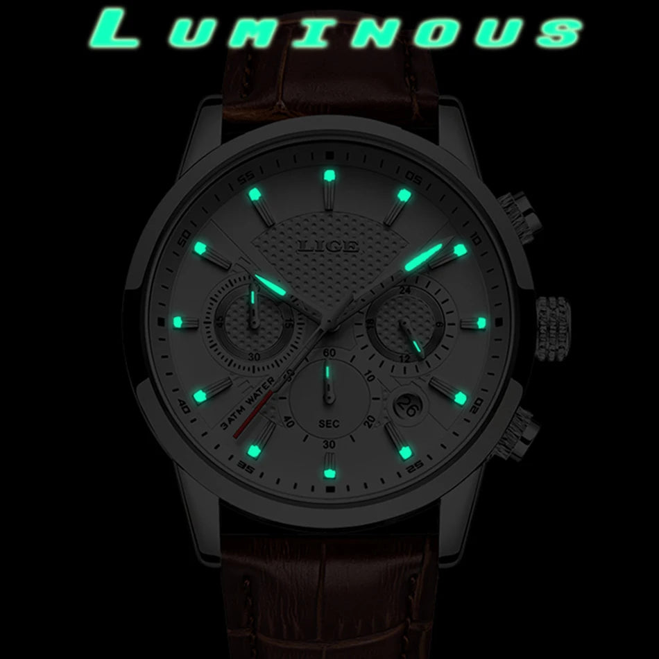 LIGE New Brown Leather Watch for Men Fashion Top Brand Luxury Men's Quartz Wristwatches Casual Waterproof Luminous Chronograph