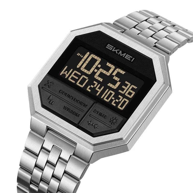 Skmei Luxury Steel Strap Digital Watches for Mens LED Light 50M Waterproof Fashion Sports Dual Time with Alarm Clock