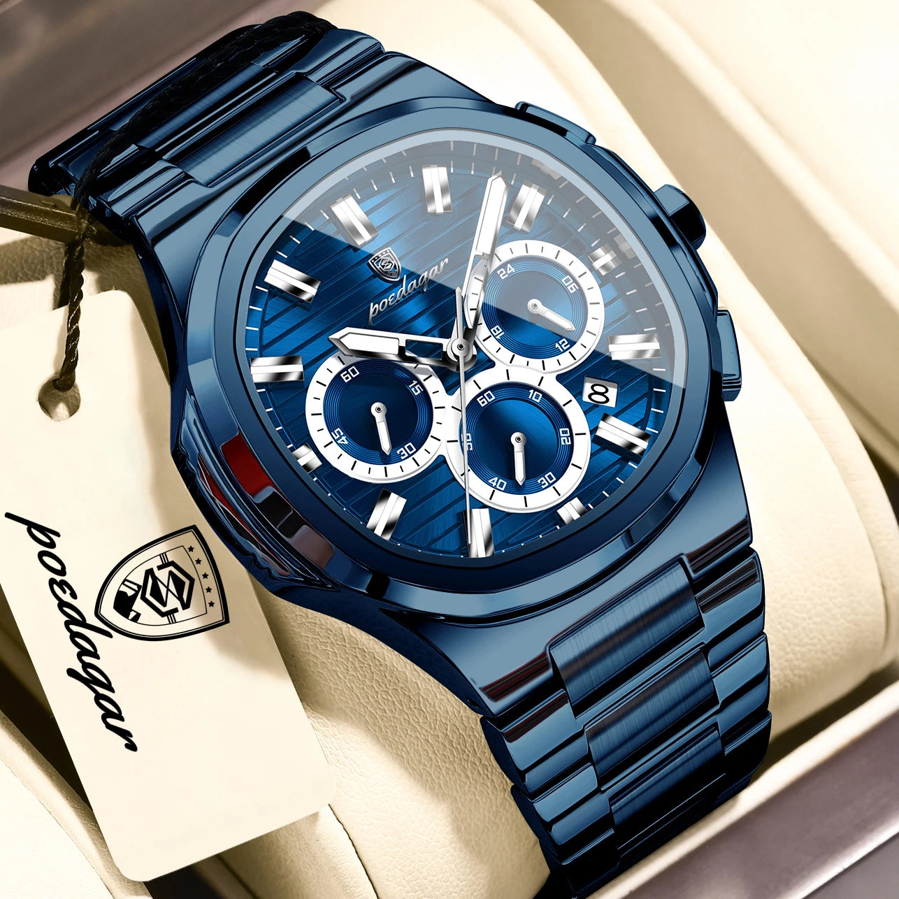 POEDAGAR Business Male Clock Date Chronograph Waterproof Luminous Luxury Men Watch Stainless Steel Quartz Fashion Men's Watches