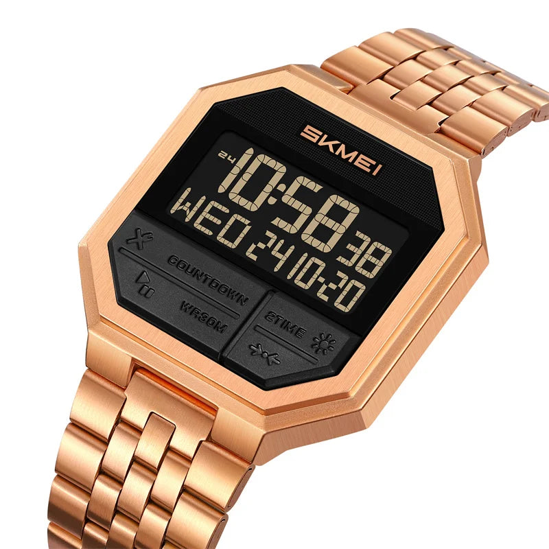 Skmei Luxury Steel Strap Digital Watches for Mens LED Light 50M Waterproof Fashion Sports Dual Time with Alarm Clock