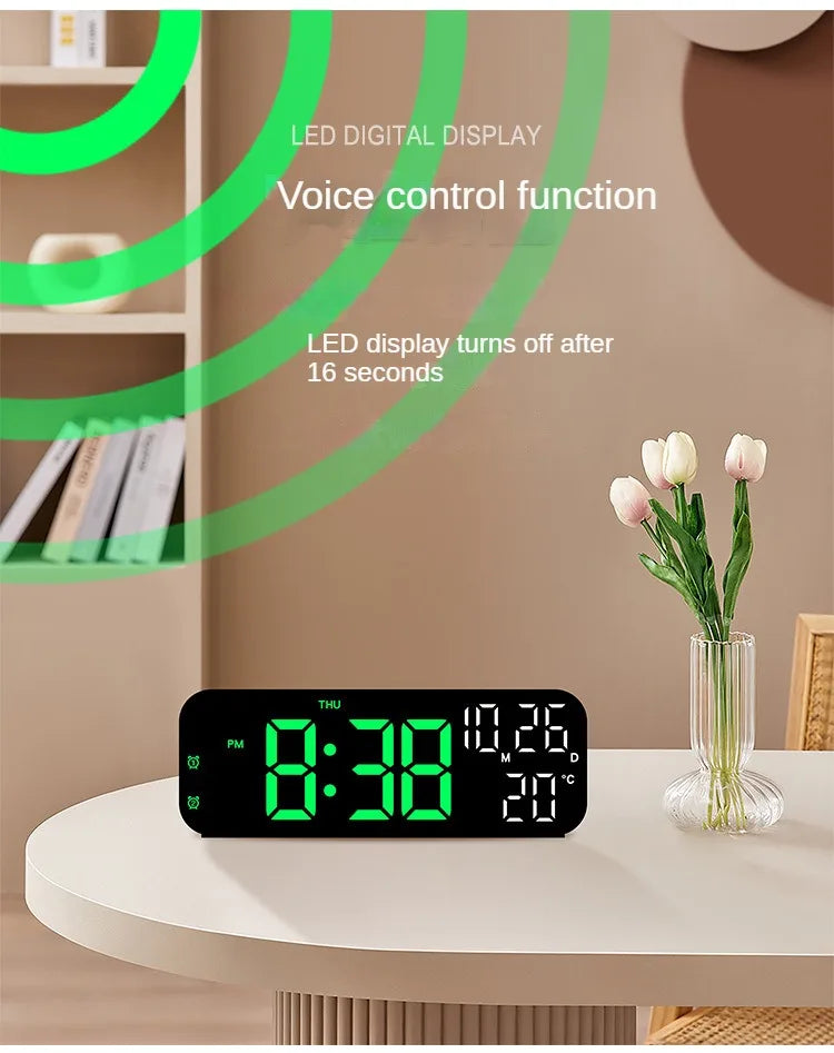 Digital Alarm Clock Temperature and Date Week Display Night Mode Table Clock Voice Control 12/24H Electronic LED Alarm Clocks