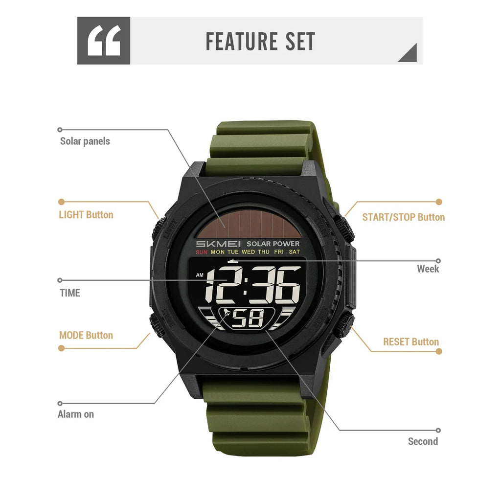SKMEI Solar Energy Digital Sports Electronic Watches For Men Fashion Casual 5Bar Waterproof Chrono Wristwatch Clock Reloj Hombre