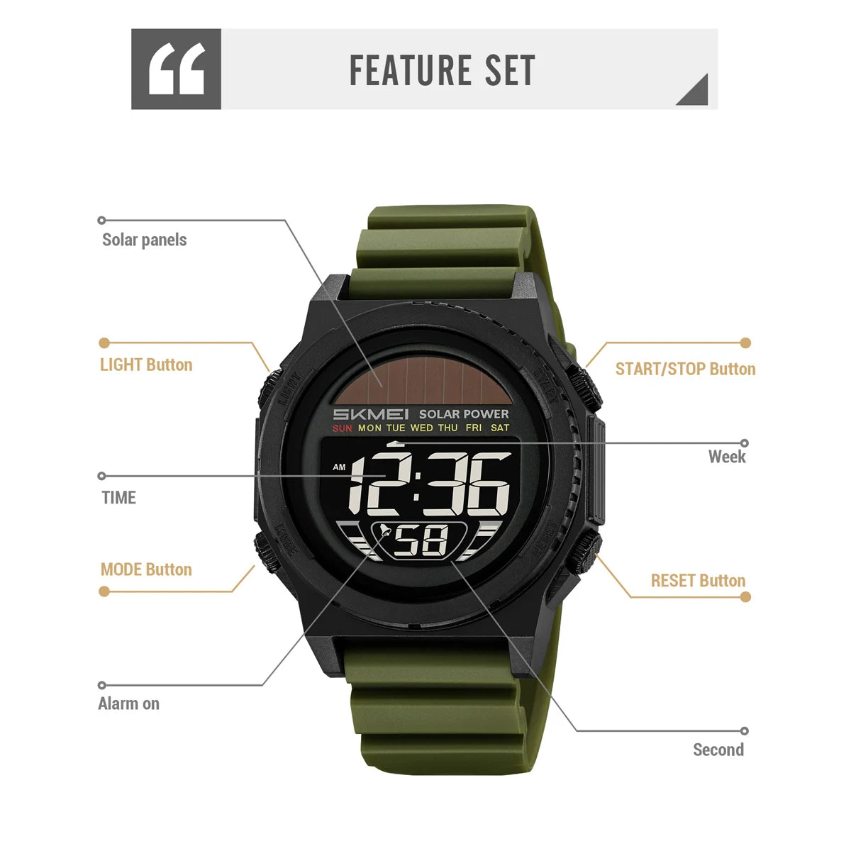 SKMEI Solar Energy Digital Sports Electronic Watches For Men Fashion Casual 5Bar Waterproof Chrono Wristwatch Clock Reloj Hombre