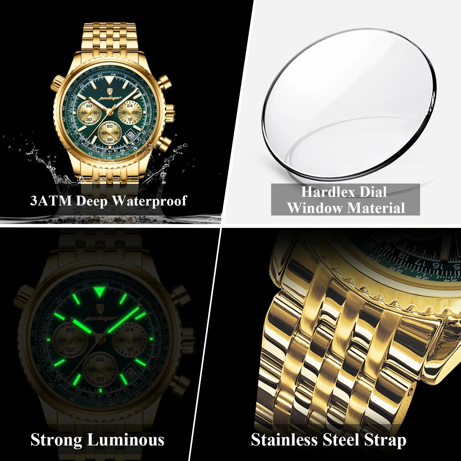 POEDAGAR Trendy Man Watch Chronograph Date Waterproof Luminous Men's Watches Stainless Steel Quartz Sports Luxury Man Wristwatch