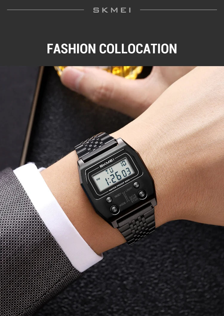 SKMEI 2460 Fashion Brand Men's Electronic Watch Multifunction Luminous Calendar Waterproof Steel Strap Sport Men Digital Watches