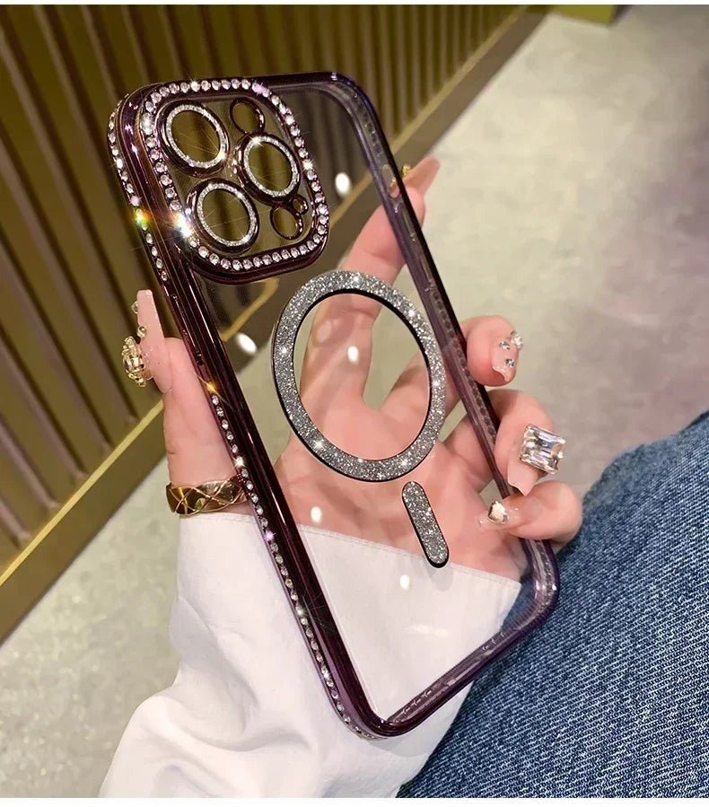 New Fashion Glitter Diamond Transparent Case For iPhone 17 16 15 14 13 11 12 Pro Max Funda Magnetic Wireless Charge Bumper Cover