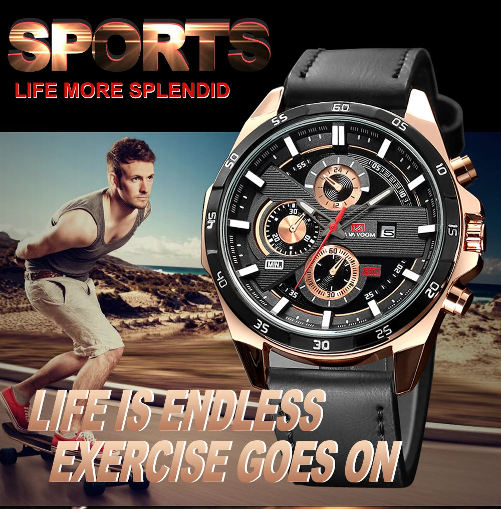 Man Sports Watches Fashion Racing Series 46mm Black Leather Clock VA VA VOOM Quartz Movement 3Bar Waterproof Wrist Watch for Men
