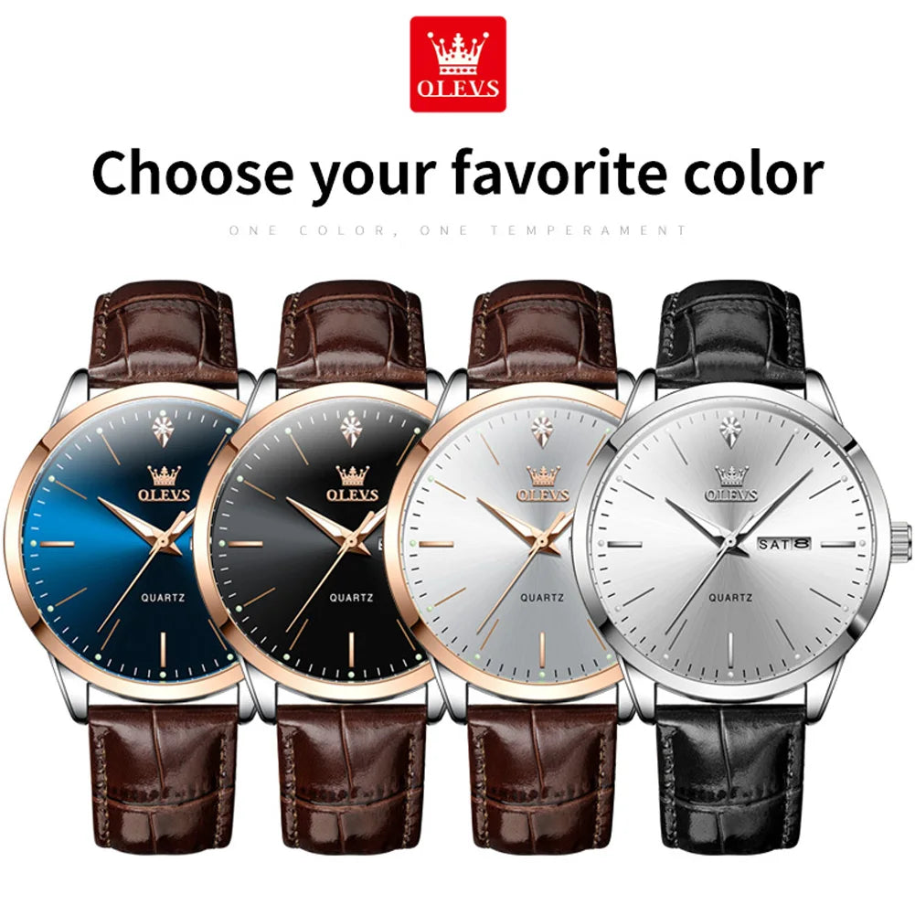 OLEVS Men's Watch Brand Business Waterproof Luminous Week Date Quartz Watch Fashion Leather Strap Classic Luxury Men's Watch