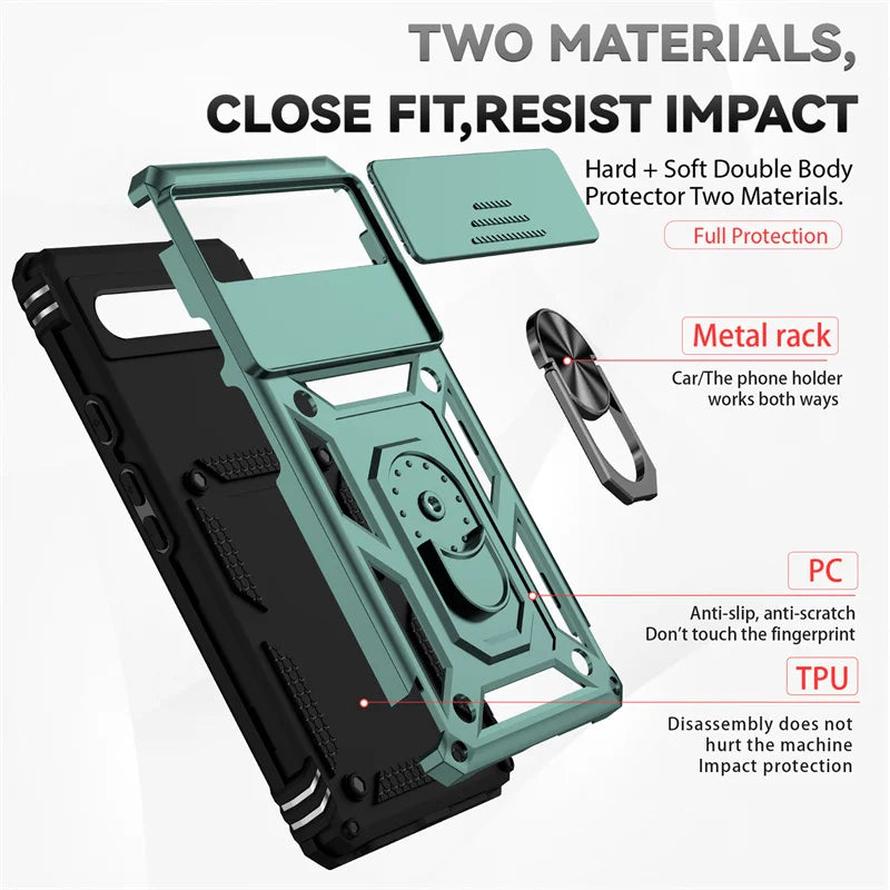Slide Camera Protect Cover For Google Pixel 6 7 8 Pro Pixel8 Magnetic RIng Holder Shockproof Armor Phone Case For Pixel 6A 7A 8A
