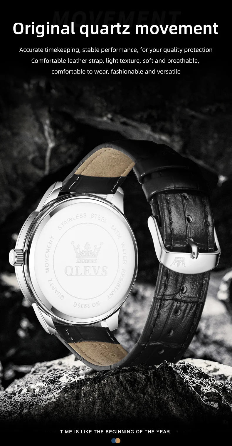 OLEVS 2935 Men's Watch Dual Calendar Waterproof Luminous Quartz Watch For Men 43mm Big Dial Leather Fashion Business Wristwatch