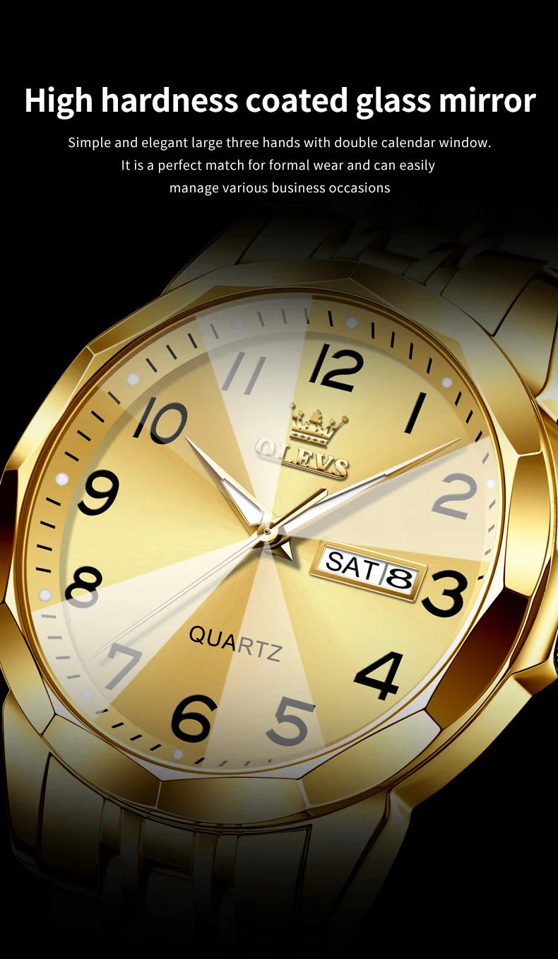 OLEVS Men's Watches Rhombus Mirror Original Quartz Watch for Man Waterproof Luminous Stainless Steel Wristwatch Male Date Week