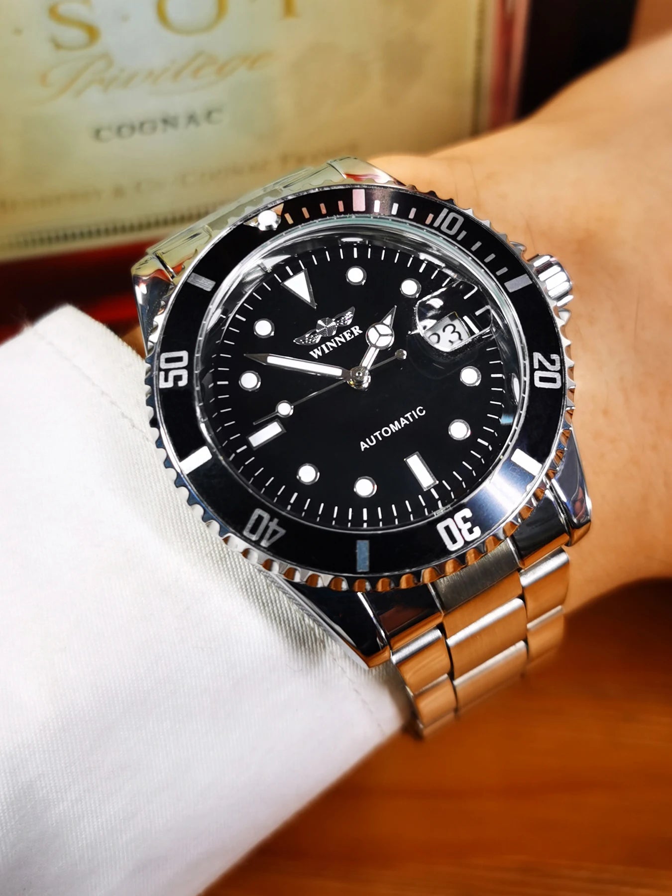 WINNER Classic Mechanical Watch for Men Rotating Bezel Luminous Calendar Fashion Business Automatic Watches Stainless Steel Band
