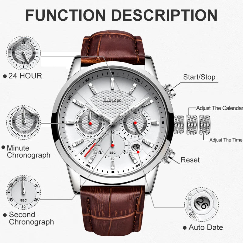LIGE New Brown Leather Watch for Men Fashion Top Brand Luxury Men's Quartz Wristwatches Casual Waterproof Luminous Chronograph