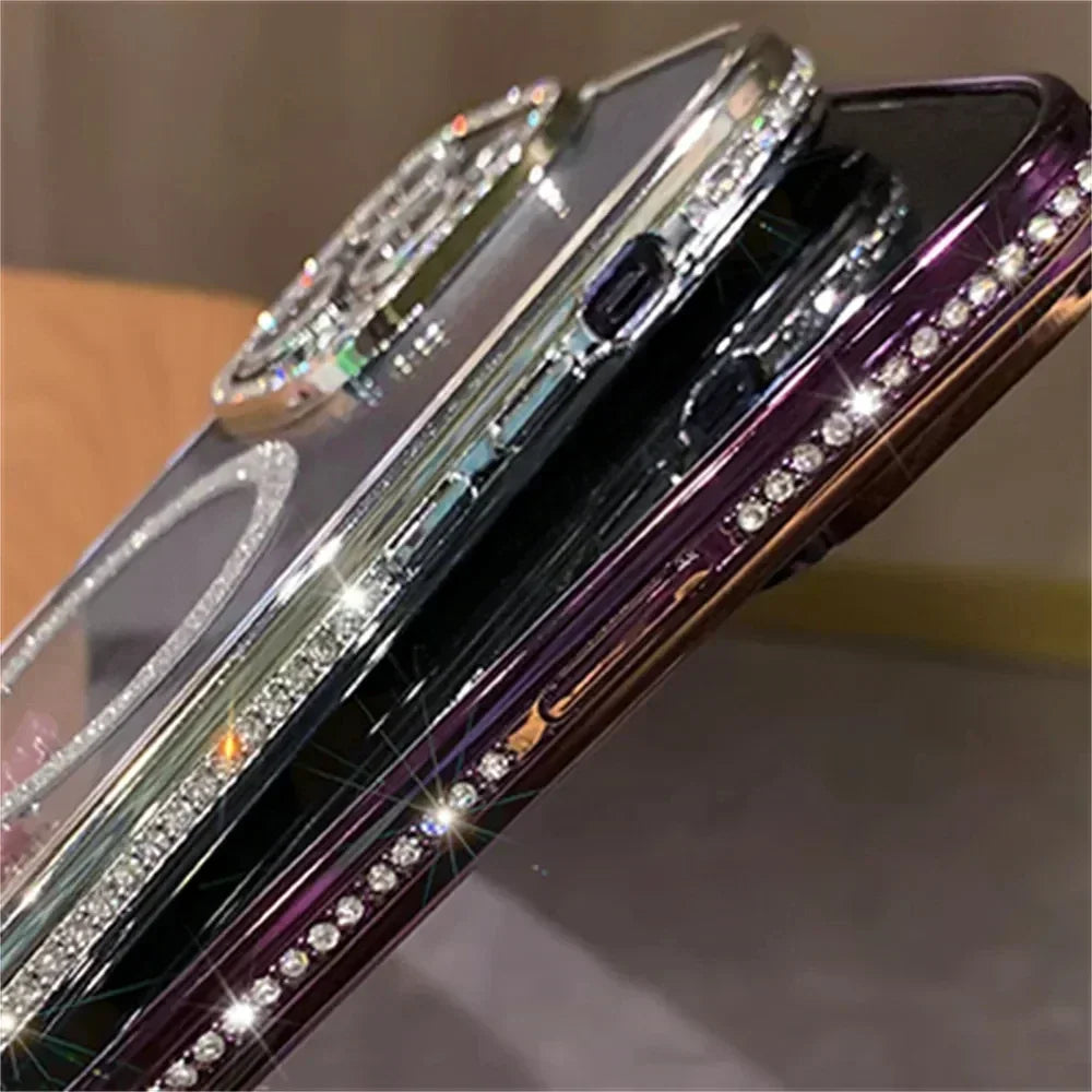 New Fashion Glitter Diamond Transparent Case For iPhone 17 16 15 14 13 11 12 Pro Max Funda Magnetic Wireless Charge Bumper Cover