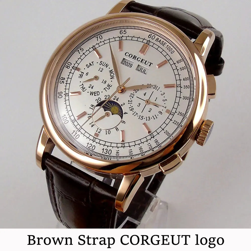 Corgeut 42mm Automatic Men's Watch Date Day Month Year Salmon Dial Multifunction 316L Leather Strap Polished Case Day Night