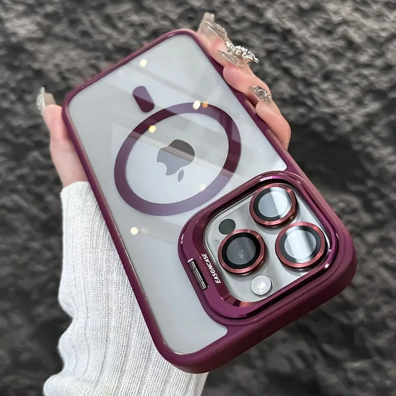 Luxury Magnetic Shockproof Phone Case For iPhone 17 15 16 14 13 12 11 Pro Max For Magsafe Funda Stand Glass Lens Protector Cover