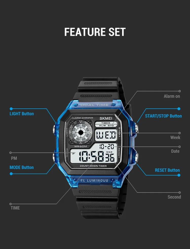 SKMEI 1998 Mens Multifunction 5Bar Waterproof Chrono Wristwatch Clock reloj hombre  Japan Digital Movement Countdown Sport Watch