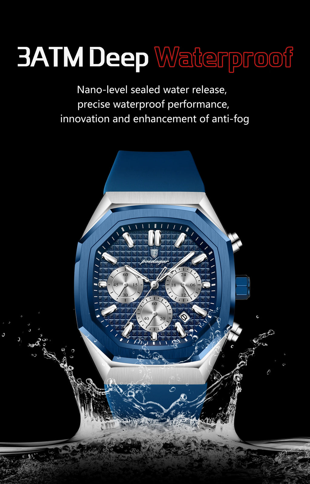 POEDAGAR Business Men's Wristwatch Chronograph Date Silicone Strap Man Watch Waterproof Luminous Military Quartz Watches For Men