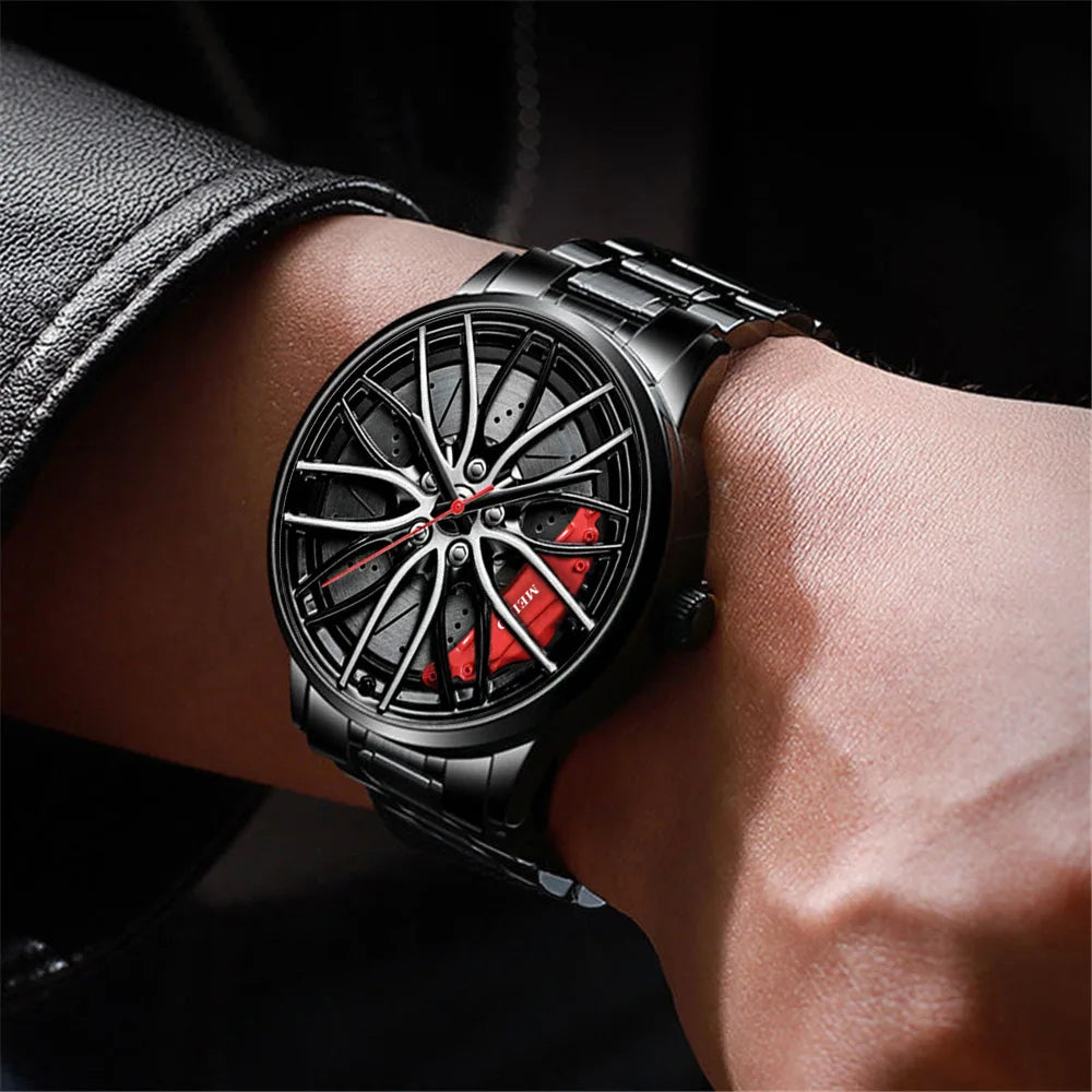 New Fashion Men Leather Watches Men Car Wheel Hub Stainless Steel Quartz Watch For Mens Military Sports Watch Relogio Masculino