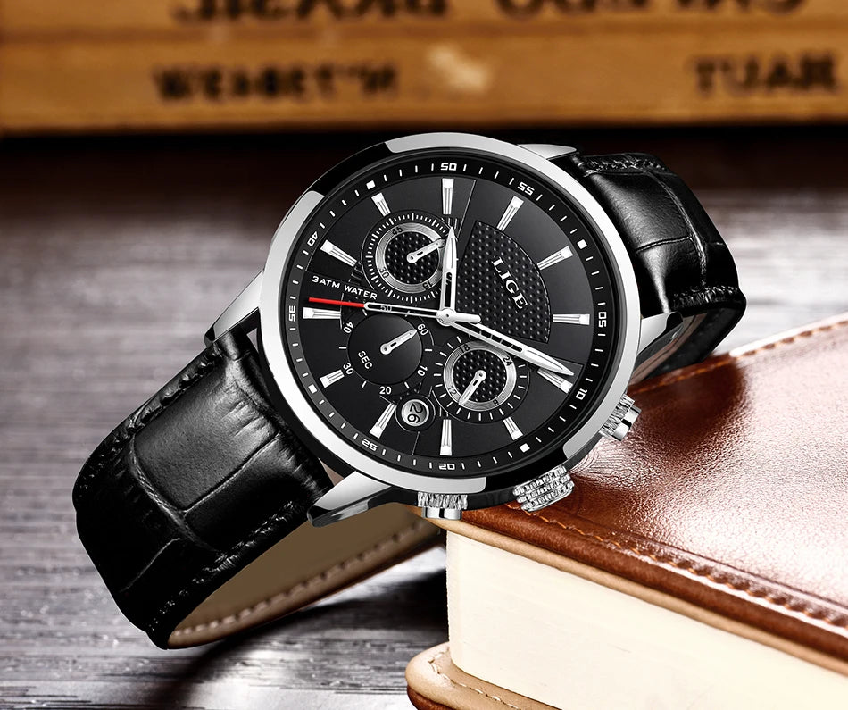 LIGE New Brown Leather Watch for Men Fashion Top Brand Luxury Men's Quartz Wristwatches Casual Waterproof Luminous Chronograph