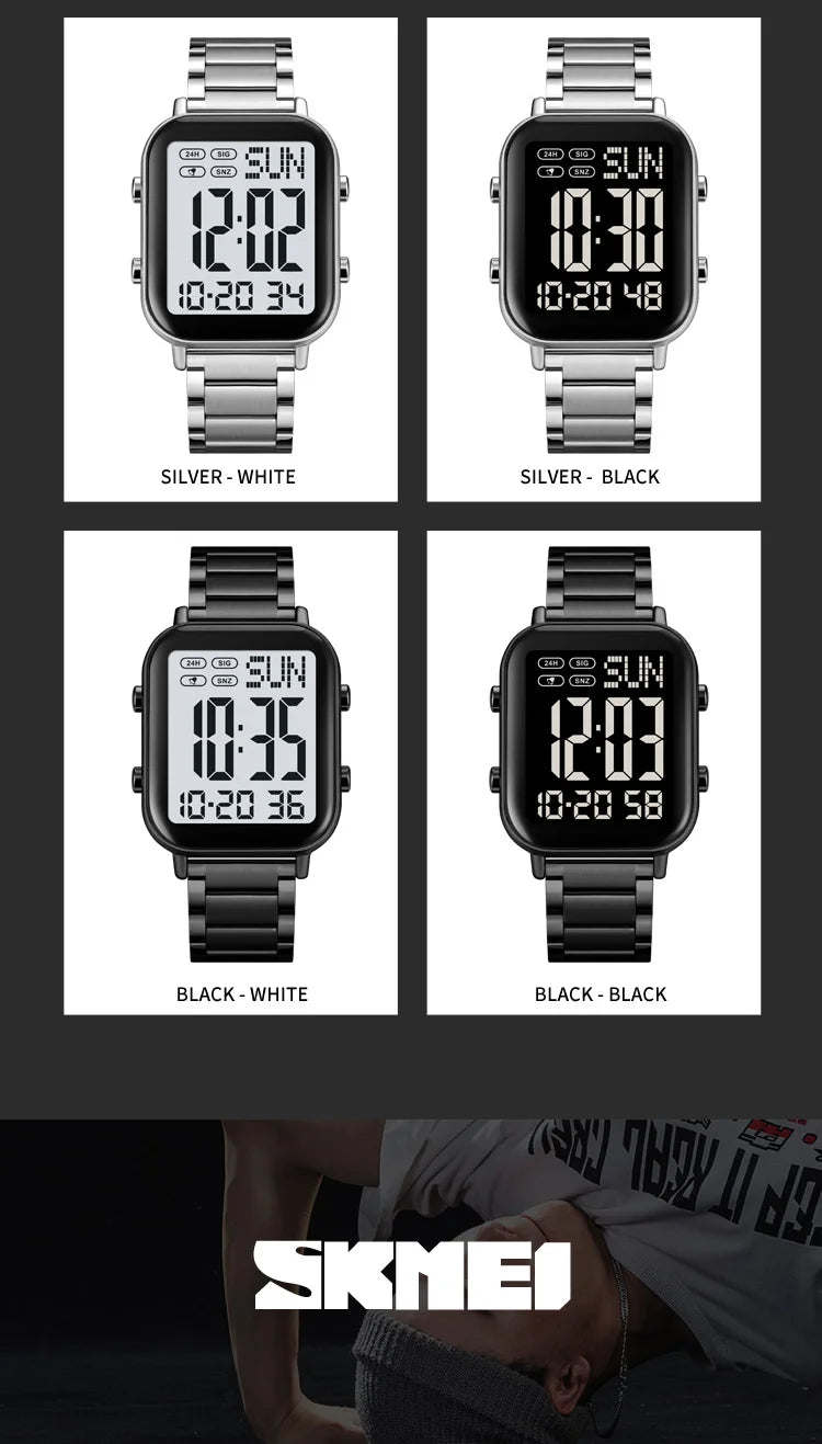 Skmei Men Digital Watches Luxury Stainless Steel Strap Dual Time Zone Man Sports Bracelet Watch 30M Waterproof Male Alarm Clock