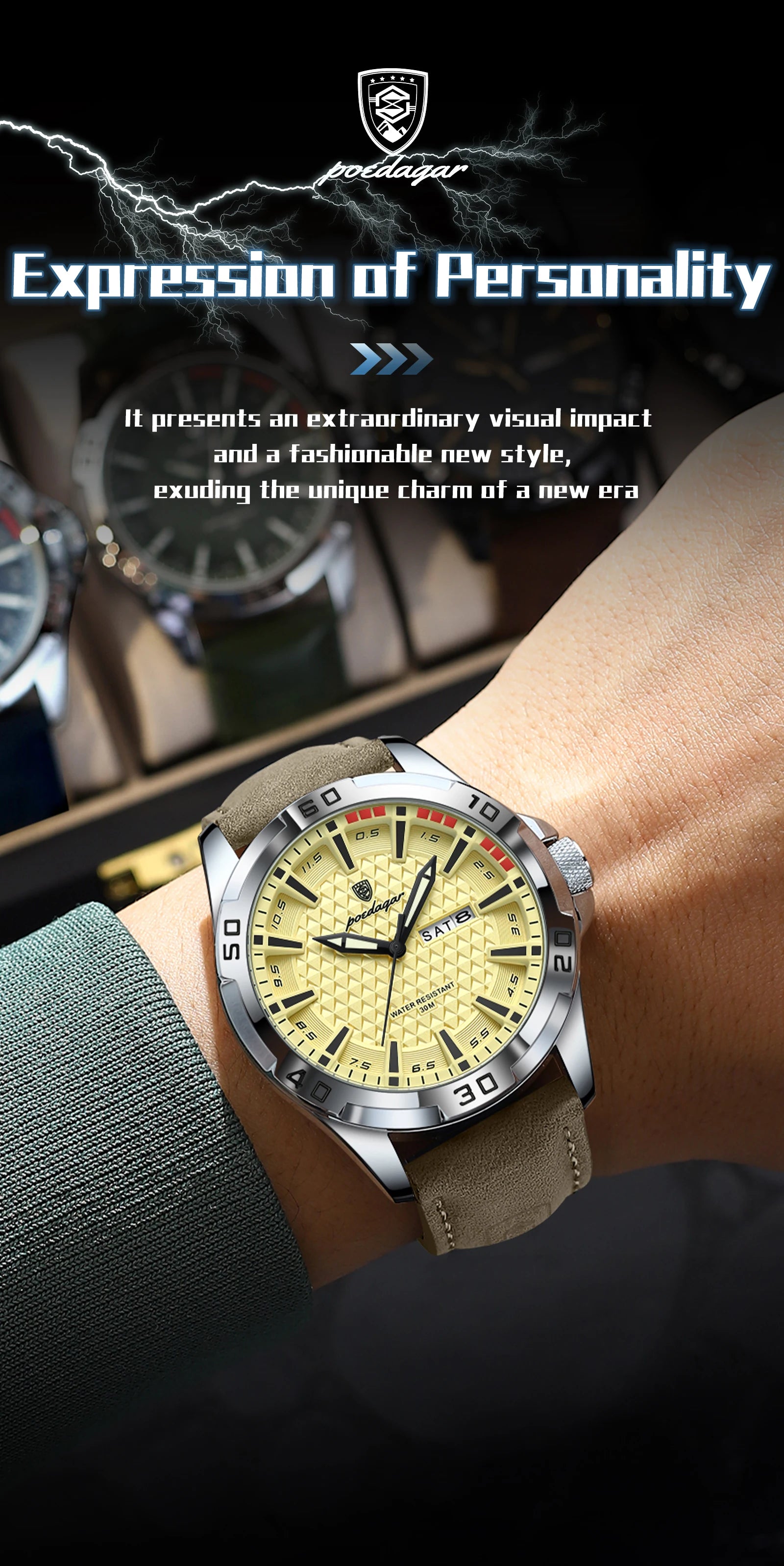 POEDAGAR Top Casual Sports Men Watch Waterproof Luminous Date Week Fashion Watch For Man Leather Classic Men's Quartz Wristwatch