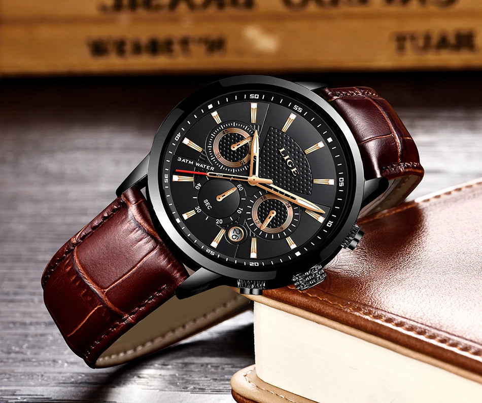 LIGE New Brown Leather Watch for Men Fashion Top Brand Luxury Men's Quartz Wristwatches Casual Waterproof Luminous Chronograph