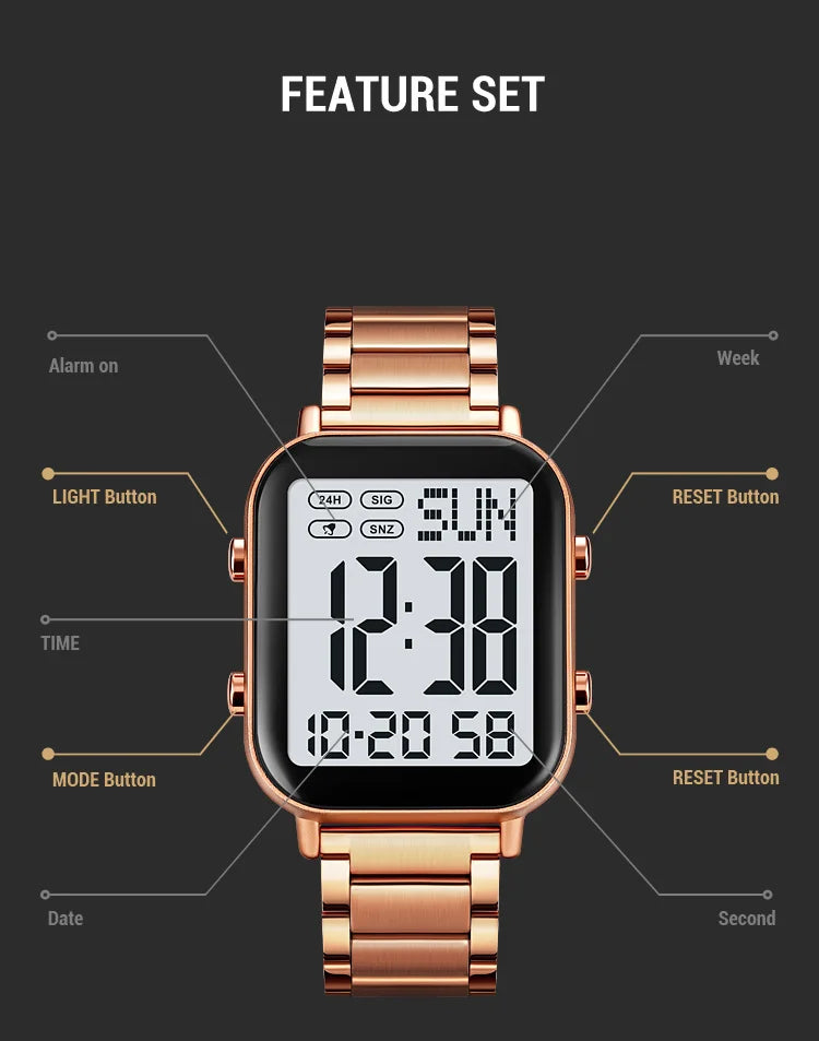 Skmei Men Digital Watches Luxury Stainless Steel Strap Dual Time Zone Man Sports Bracelet Watch 30M Waterproof Male Alarm Clock