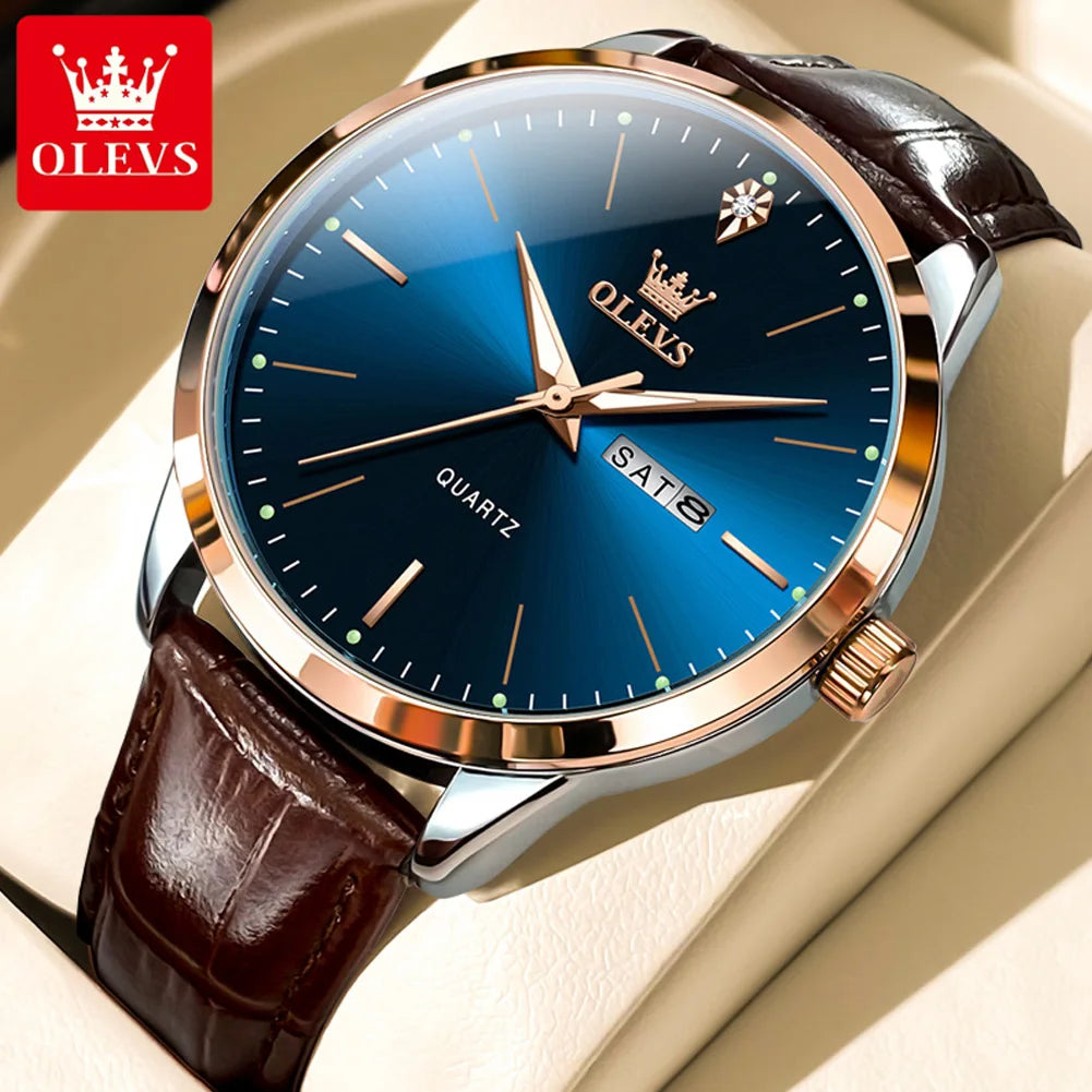 OLEVS 2935 Men's Watch Dual Calendar Waterproof Luminous Quartz Watch For Men 43mm Big Dial Leather Fashion Business Wristwatch