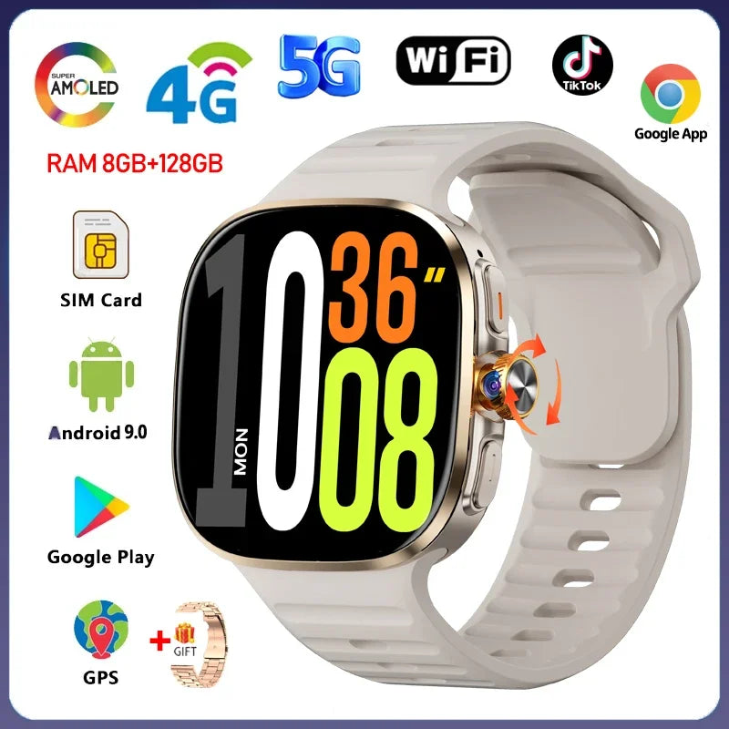 8GB+128GB RAM 5G/4G Smart Watch 2.4 inch AMOLED 2100mah Battery 900W Camera GPS WIFI Google APPS Download Smartwatch Android 10