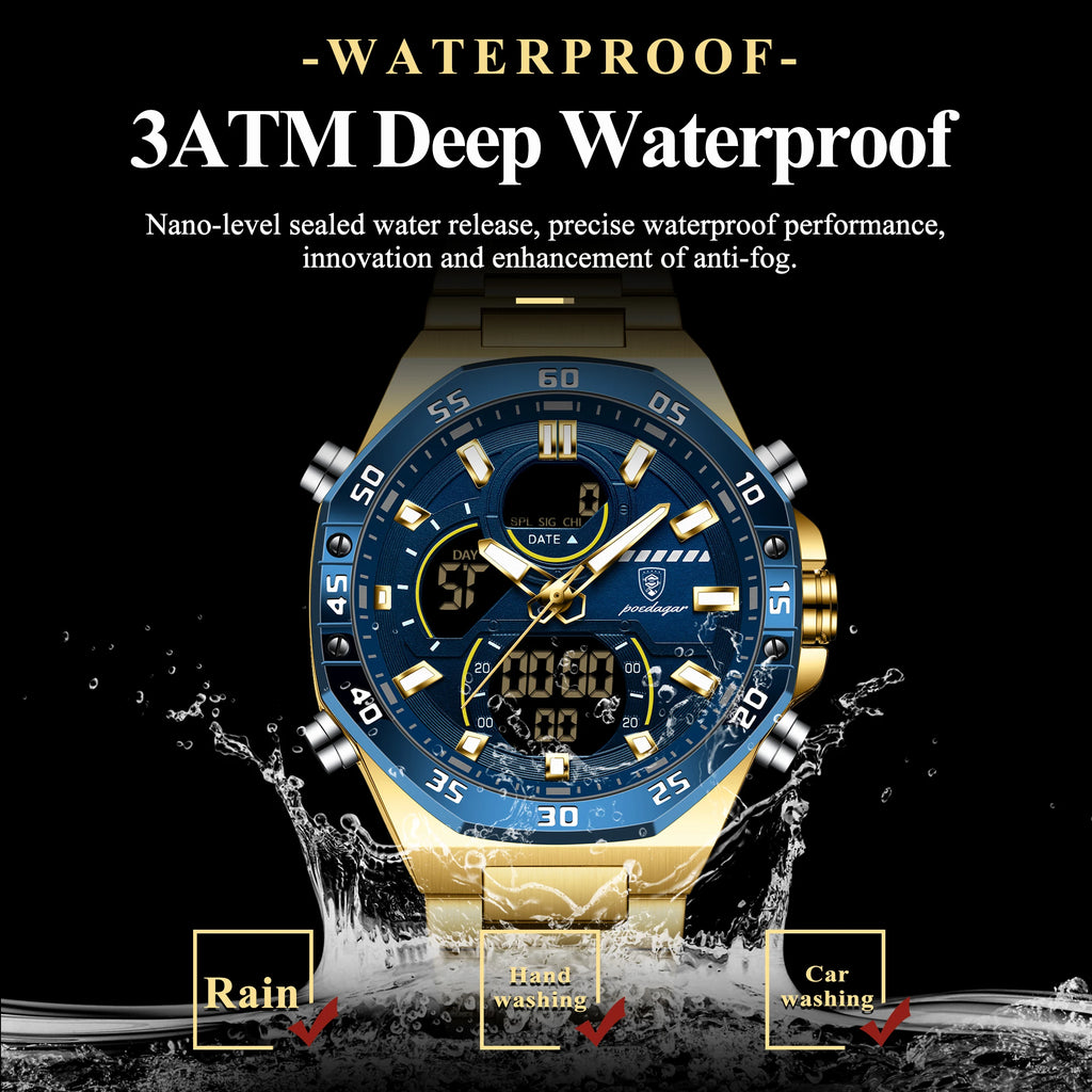 POEDAGAR Top Sport Men Clock LED Luminous Waterproof Week Date Man Watch Electronic Stainless Steel Fashion Quartz Men's Watches