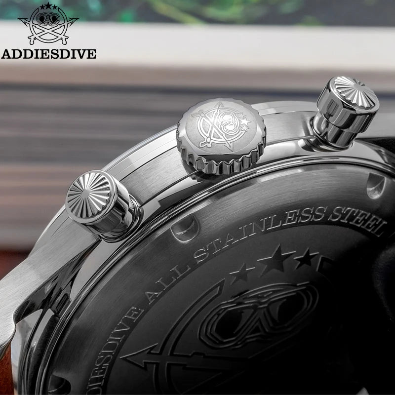 ADDIESDIVE AD2037 VK64 Multifunctional Chronograph Watch 10Bar Waterproof Mens Leather Watch Quartz Watches Reloj Hombre