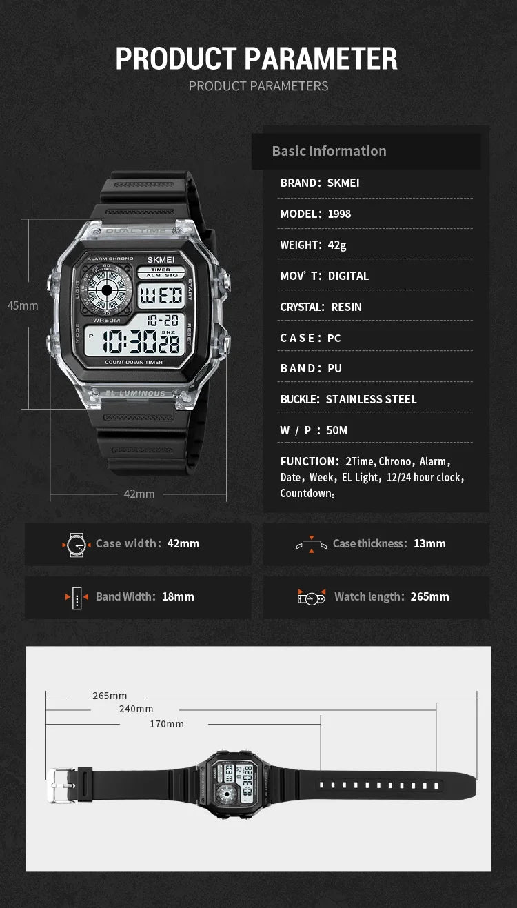 SKMEI 1998 Mens Multifunction 5Bar Waterproof Chrono Wristwatch Clock reloj hombre  Japan Digital Movement Countdown Sport Watch