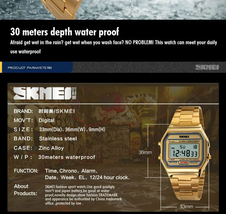 Skmei 3Bar Waterproof Digital Watch Reloj Hombre For Casual Sport 1123 Fashion Men Stainless Steel Strap LED Display Watches