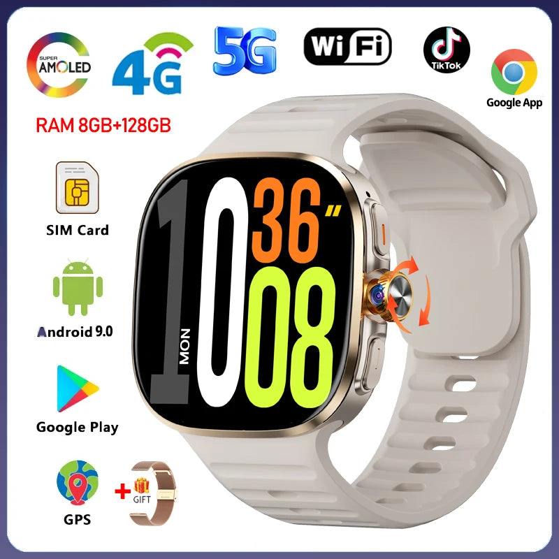 8GB+128GB RAM 5G/4G Smart Watch 2.4 inch AMOLED 2100mah Battery 900W Camera GPS WIFI Google APPS Download Smartwatch Android 10