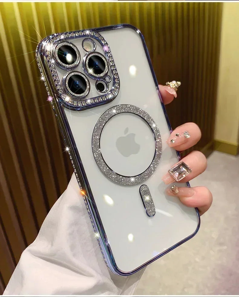 New Fashion Glitter Diamond Transparent Case For iPhone 17 16 15 14 13 11 12 Pro Max Funda Magnetic Wireless Charge Bumper Cover