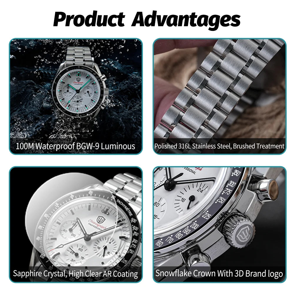 Watchdives WD1863 Quartz Watch VK63 Chronograph Movement Bubble Sapphire Crystal 10Bar Waterproof Luminous 39mm Vintage Watches