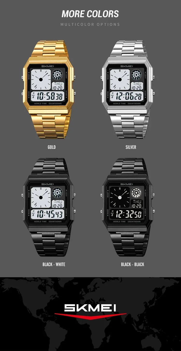 SKMEI 2353 Waterproof Outdoor Sport Stainless Steel Strip Wristwatches Reloj Hombre World Digital Electronic Watch For Men Women