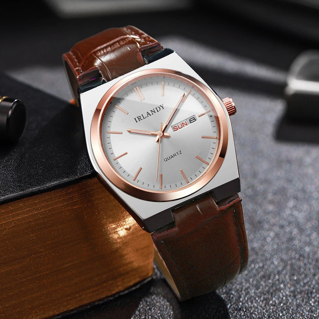 Fashion Men Business Watches Calendar Quartz Watch Casual Leather Strap Wristwatches Reloj Hombre（Without Box）