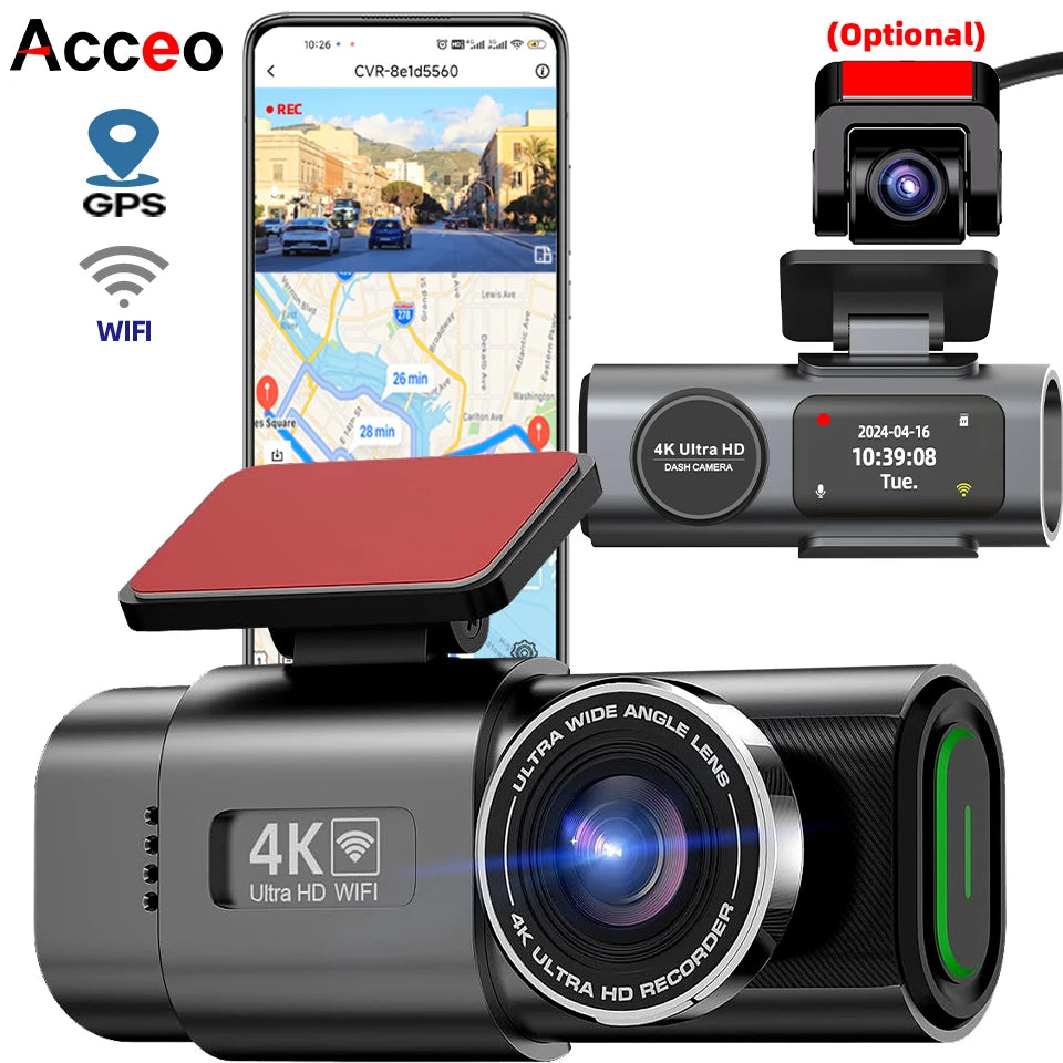 Dash Cam 4K UHD Recording Car Camera DVR us Night Vision Video Recorder Built-In Wi-Fi Support GPS 24H Parking