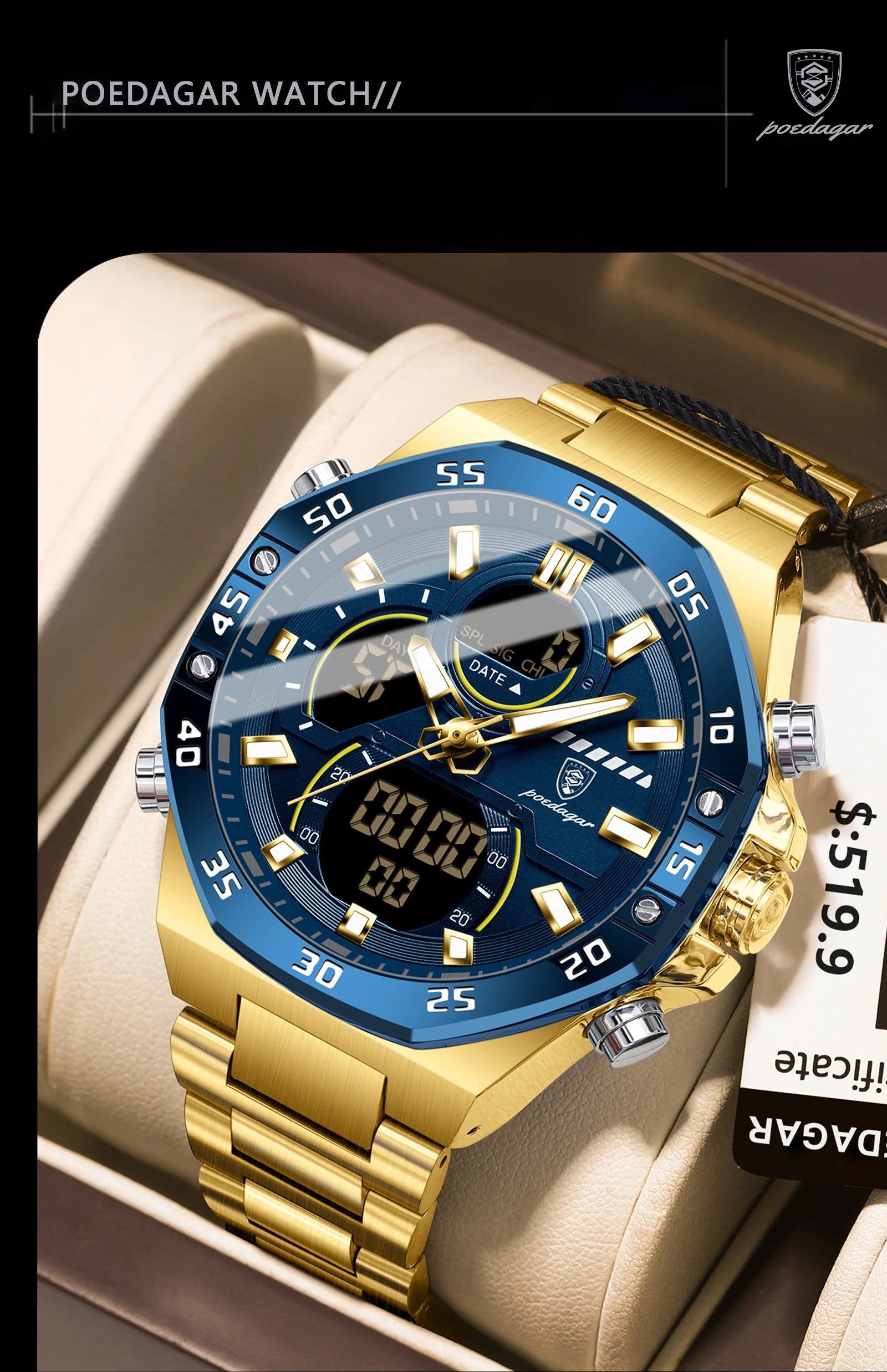 POEDAGAR Top Sport Men Clock LED Luminous Waterproof Week Date Man Watch Electronic Stainless Steel Fashion Quartz Men's Watches
