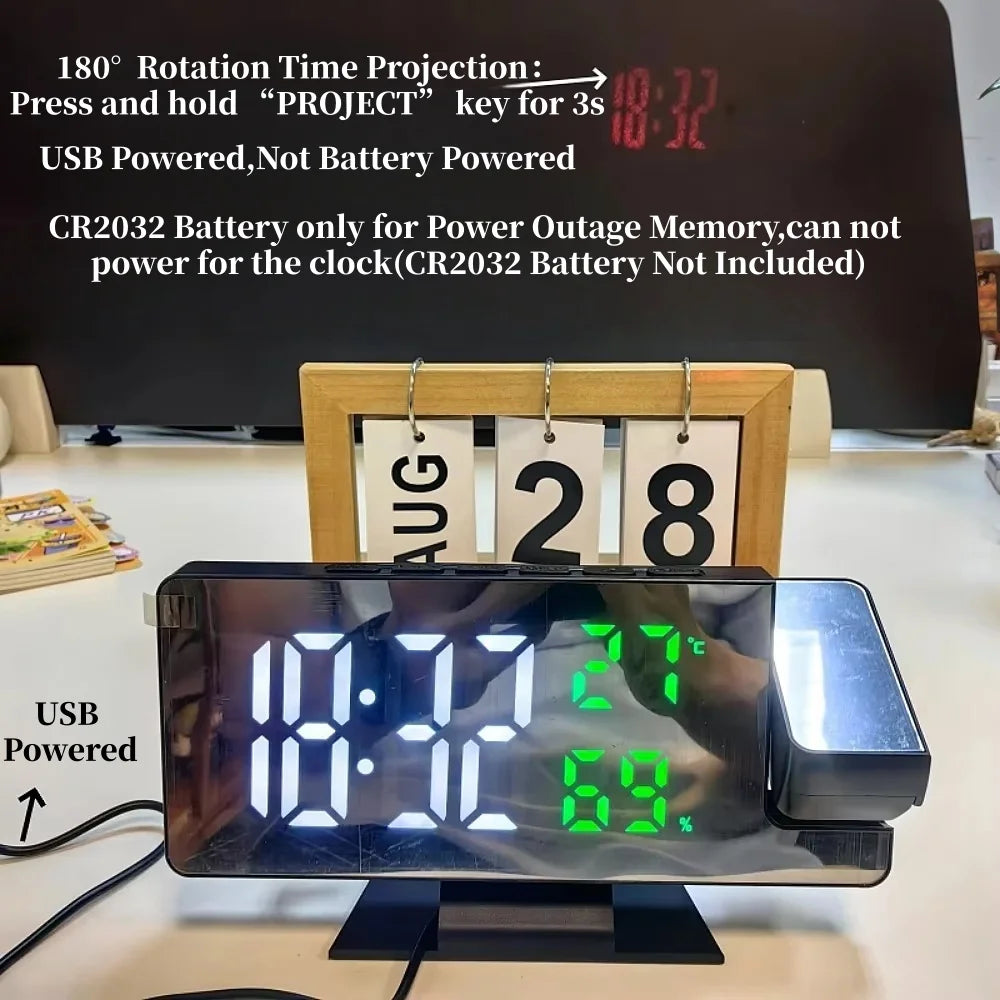 180° Rotation Projection Digital Alarm Clock Temperature Humidity Night Mode Snooze 12/24H USB Powered Projector Table LED Clock