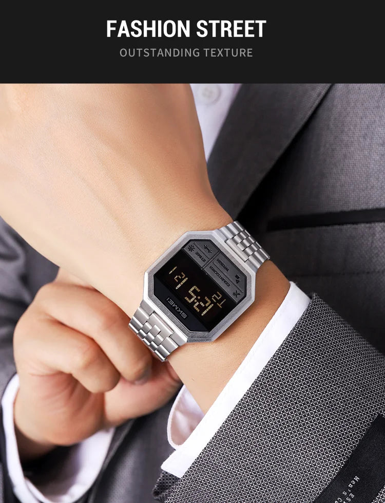 Skmei Luxury Steel Strap Digital Watches for Mens LED Light 50M Waterproof Fashion Sports Dual Time with Alarm Clock